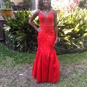 Morilee Madeline Gardner Red Beaded Net Prom Dress